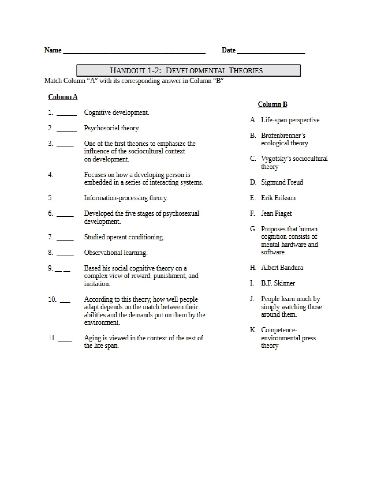 Worksheet Two on Developmental Theories