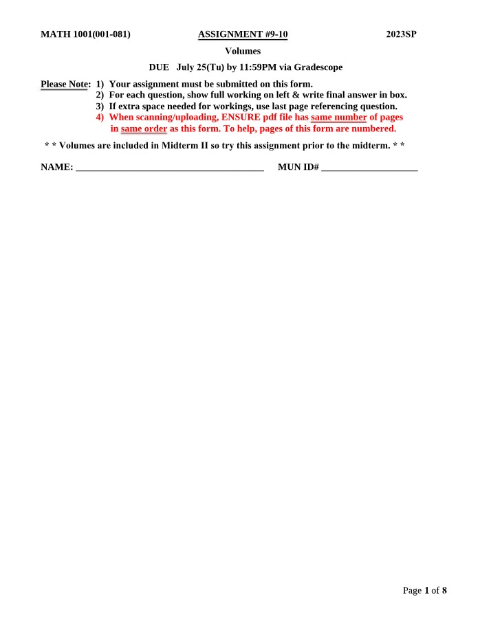 MATH 1001 Assignment 9-10 - Volumes