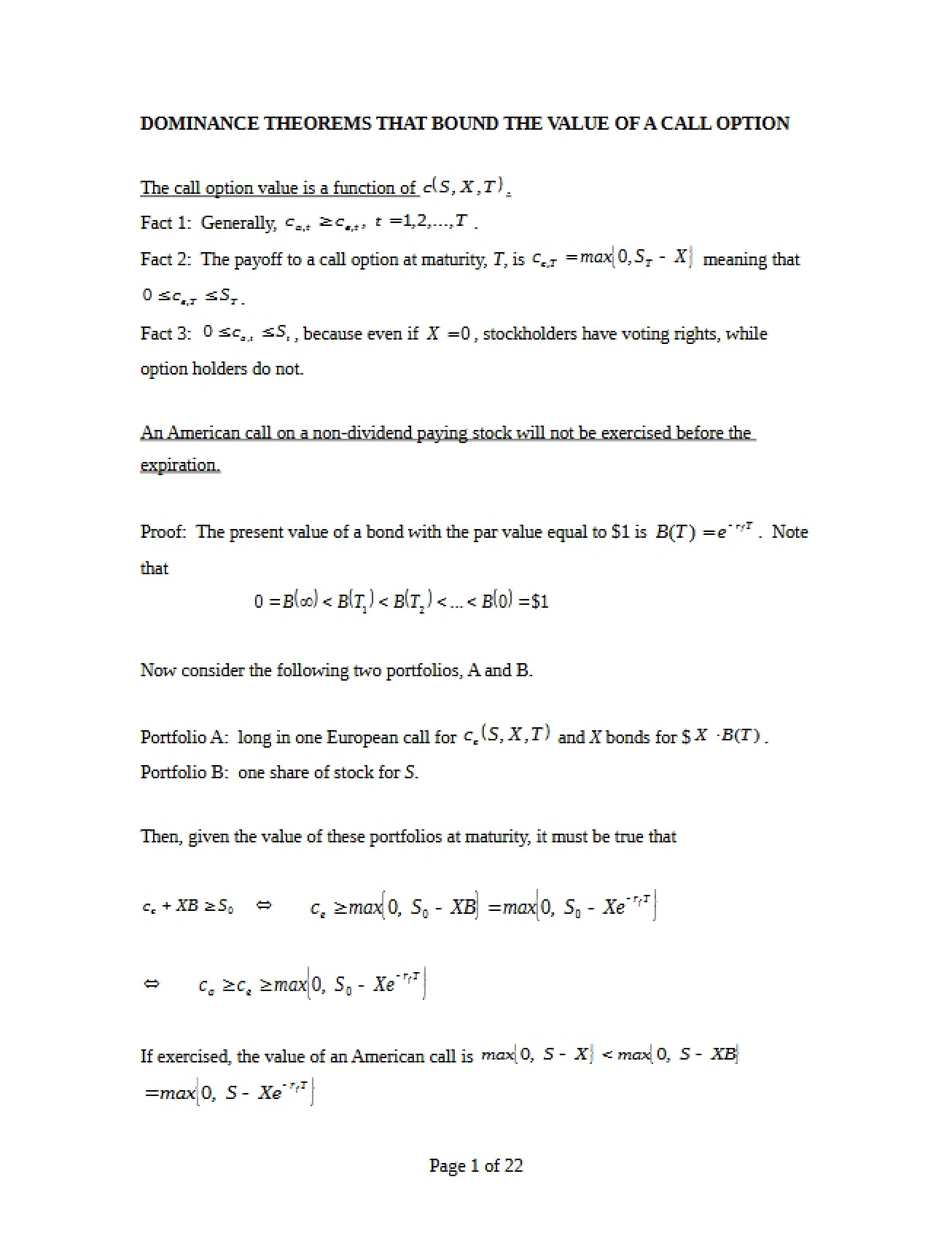 Call Option Value Boundaries Dominance Theorems
