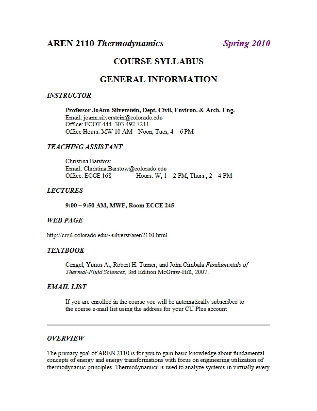Syllabus for Thermodynamics