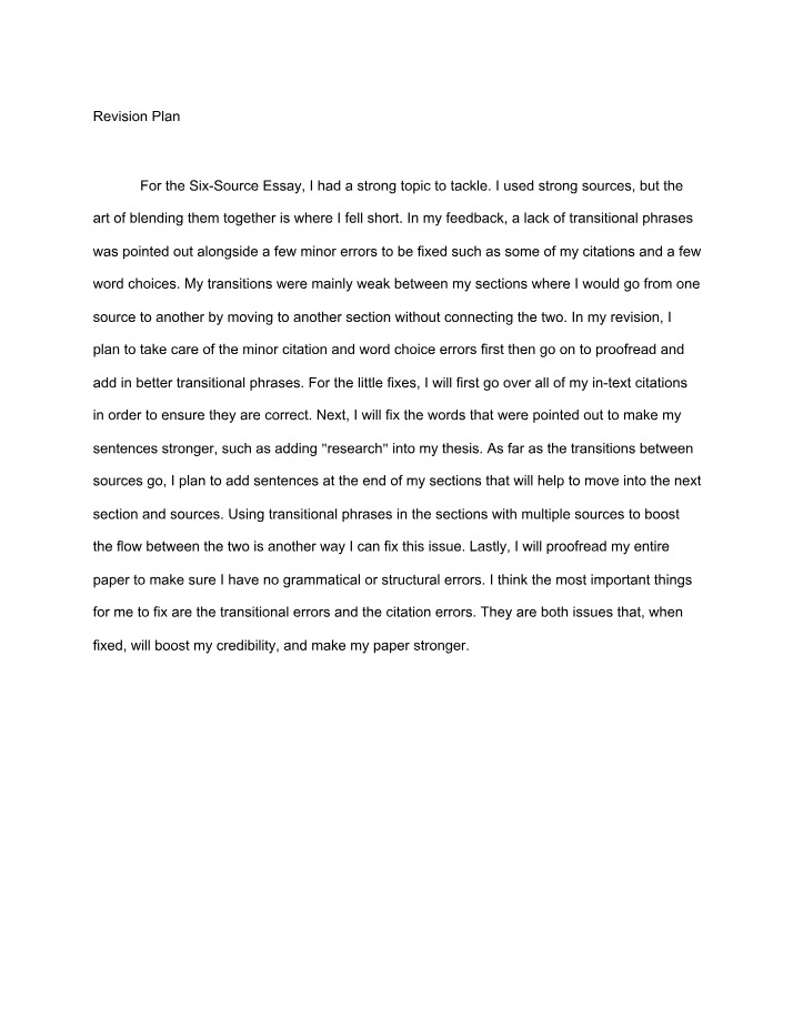 Revision Plan for Six-Source Essay