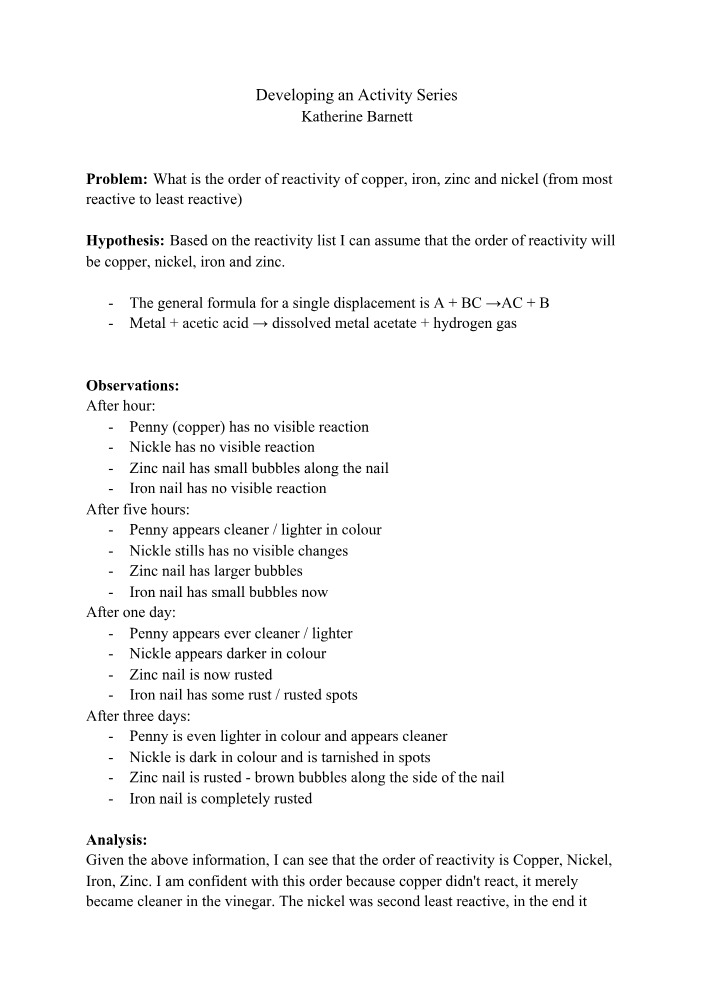 Reactivity Order of Nickel, Zinc, Iron, and Copper