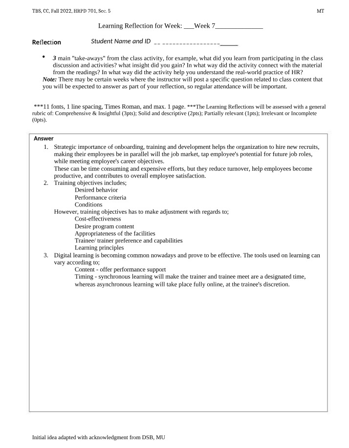 Week 7 Reflection Report - HRPD 701