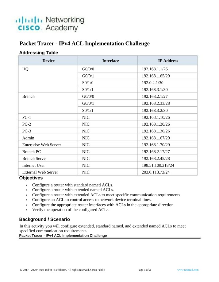 Challenge - IPv4 ACL Implementation