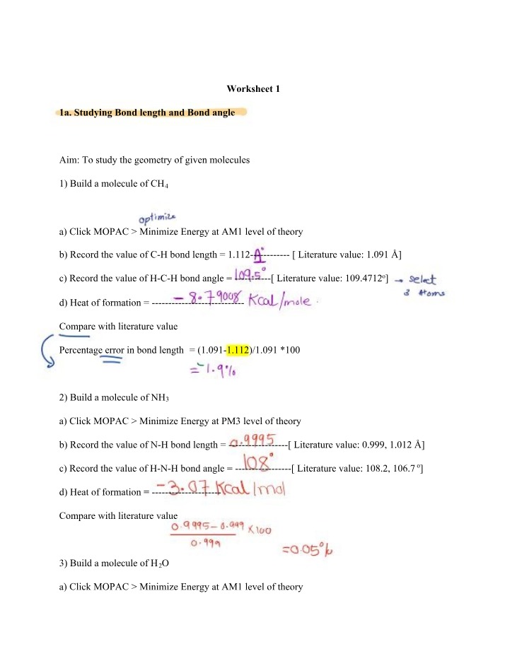 Worksheet 1 - Bond Length and Bond Angle