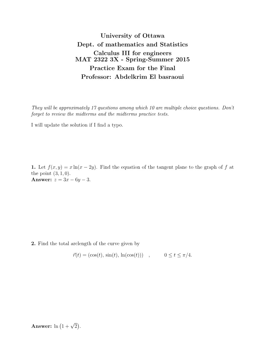 MAT 2322 Final - Practice Exam