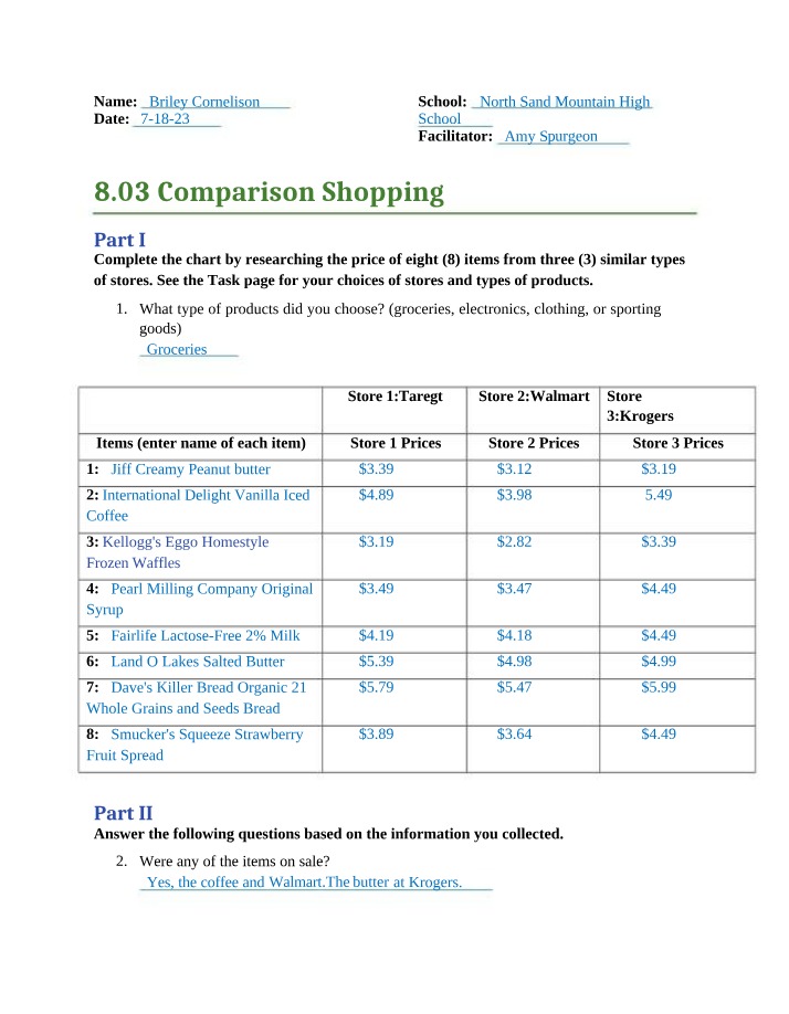 Comparison Shopping Assignment (8.03)
