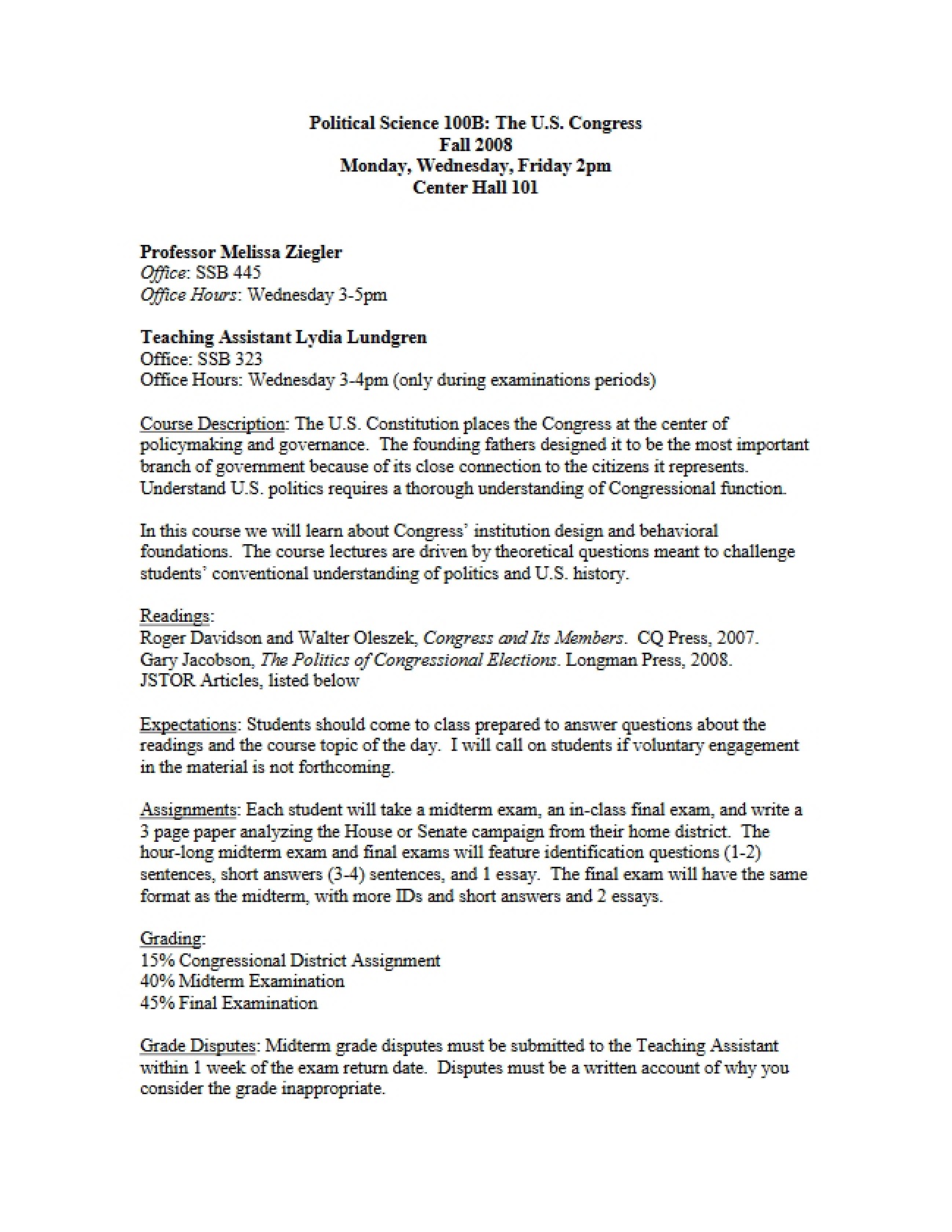 US Congress Course Outline