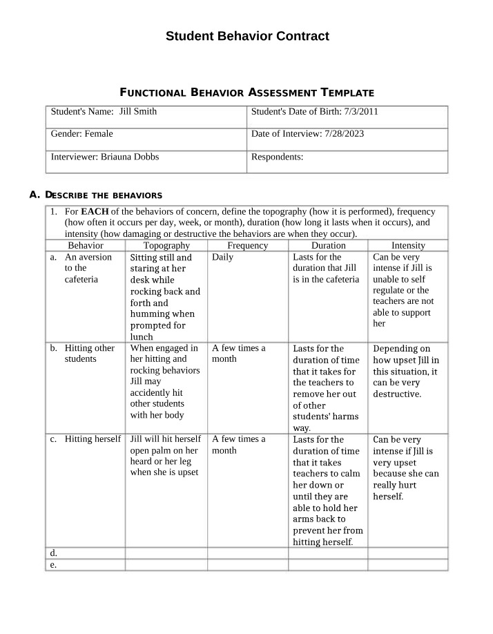 Functional Behavior Assessment Contract for Jill Smith