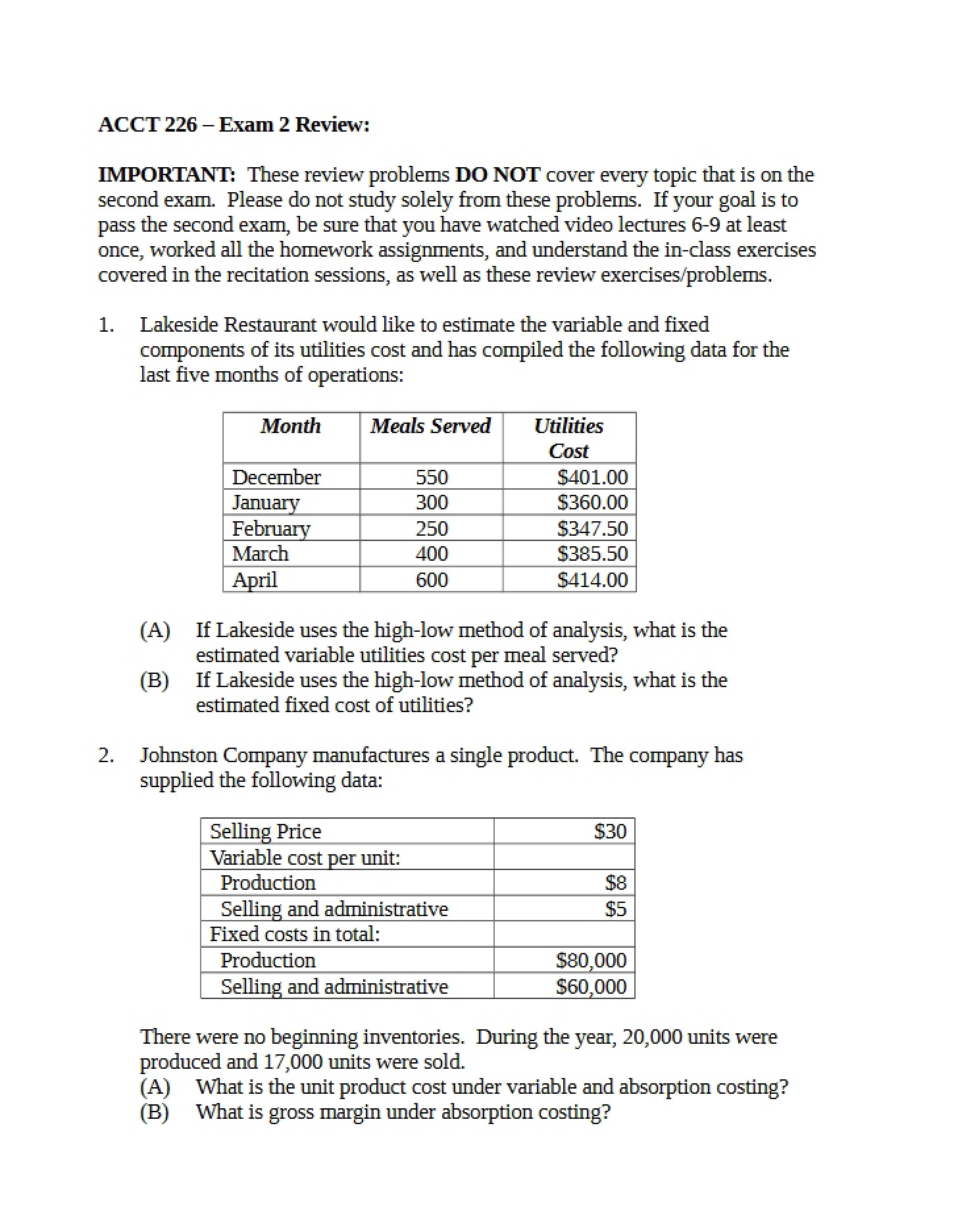 Exam Two Review Problems - Part One