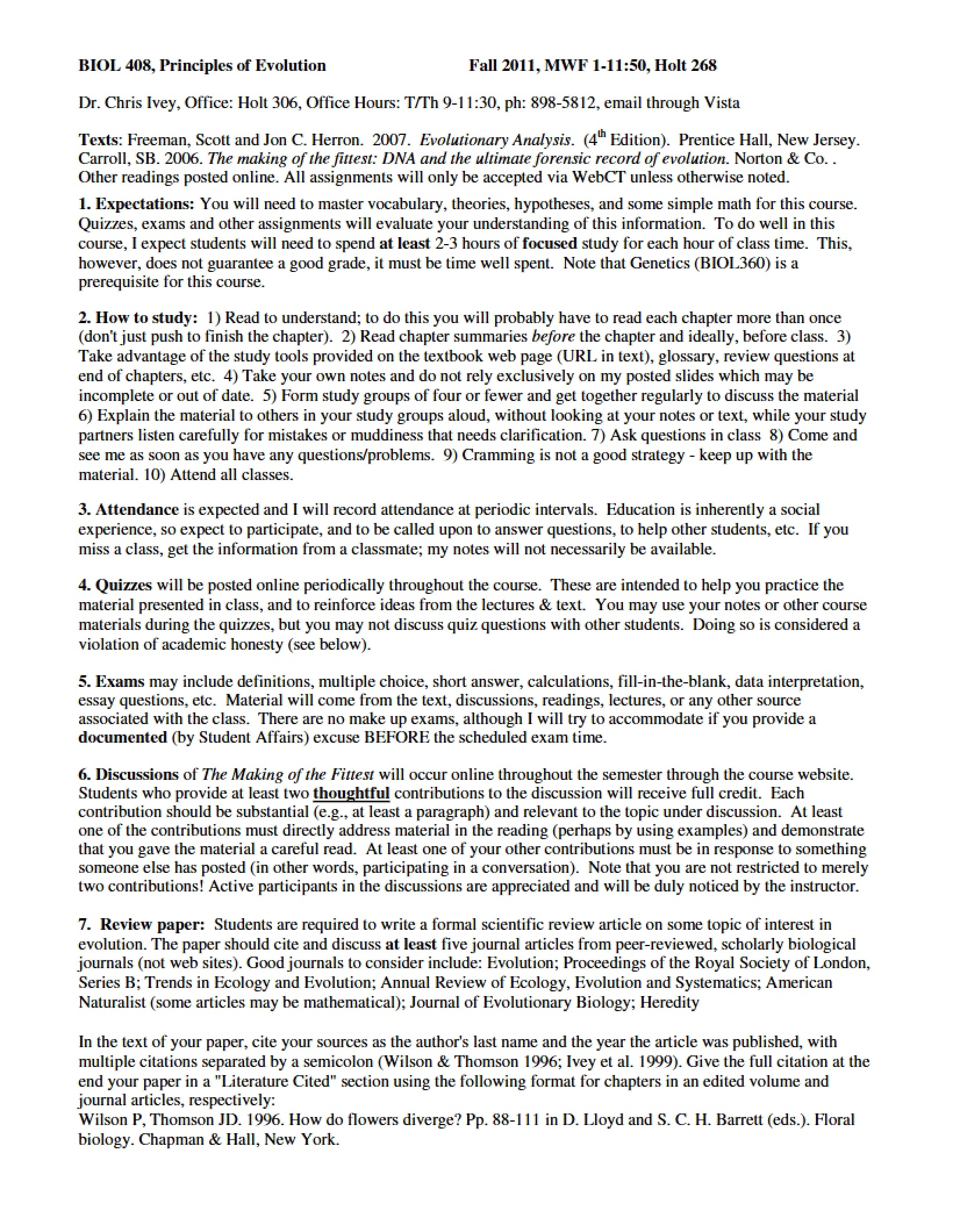 Evolution Principles Syllabus