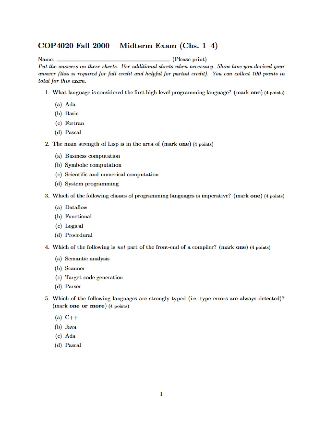 Midterm Examination in Programming Languages