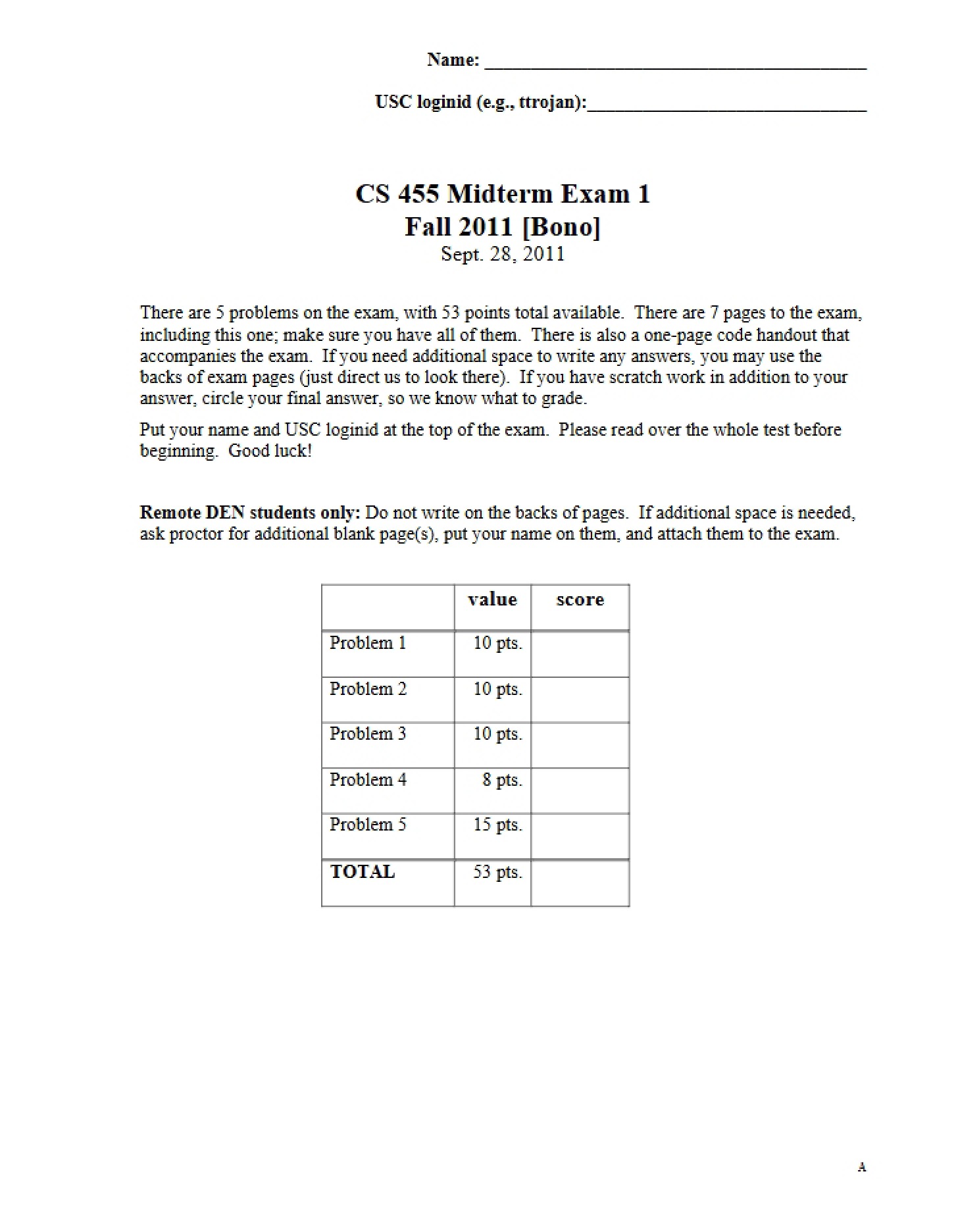 Midterm 1A (Fall 2011)