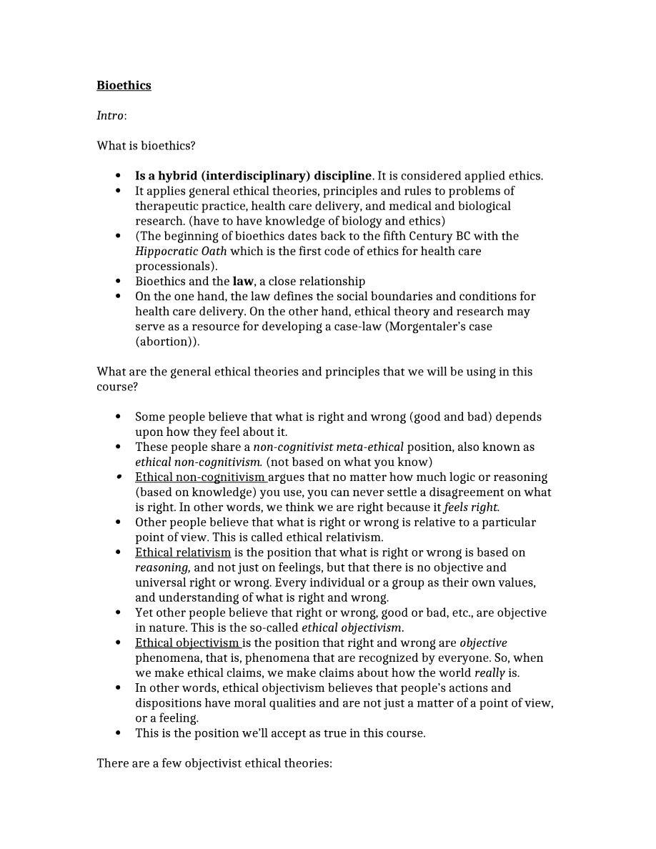 Lecture Notes - Bioethics