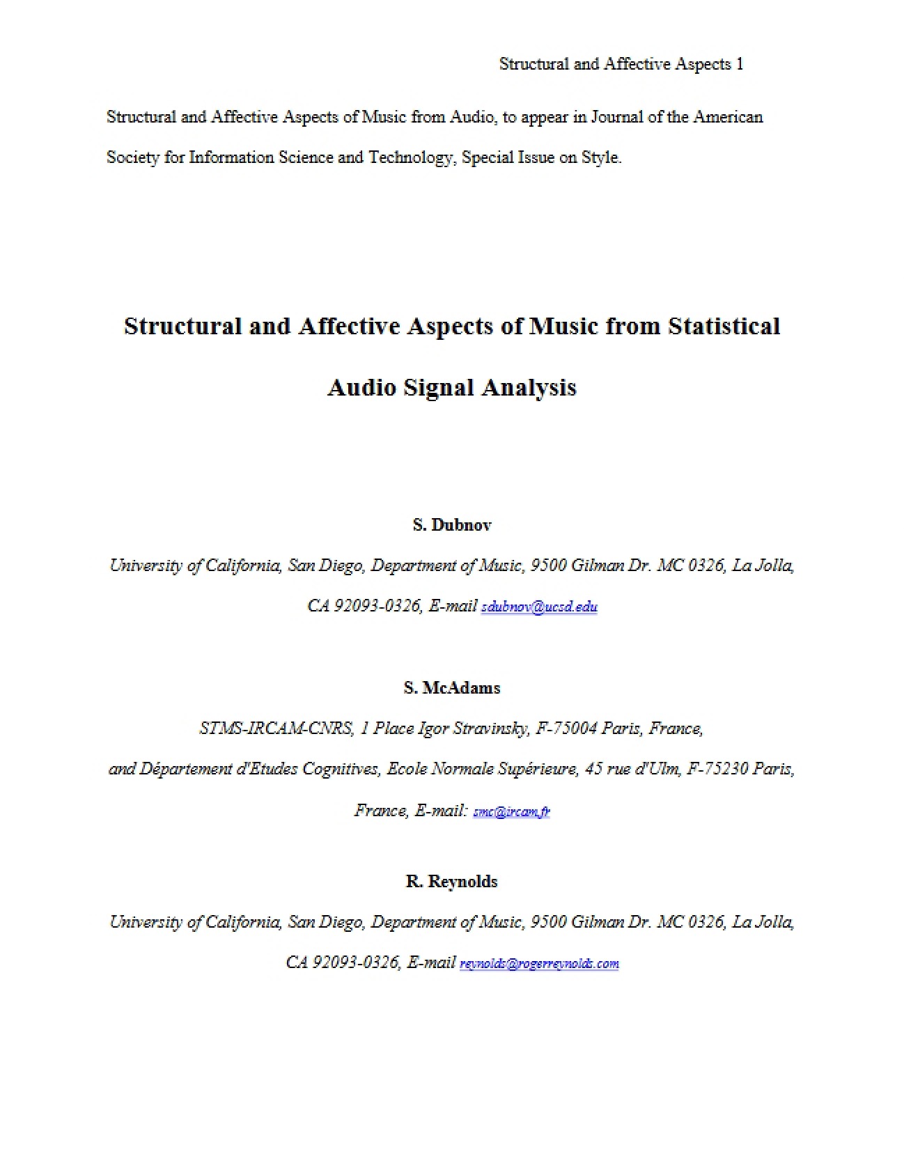 Affective and Structural Dimensions of Music