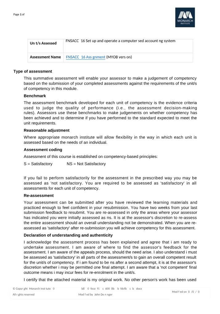 MYOB Assignment - FNSACC416
