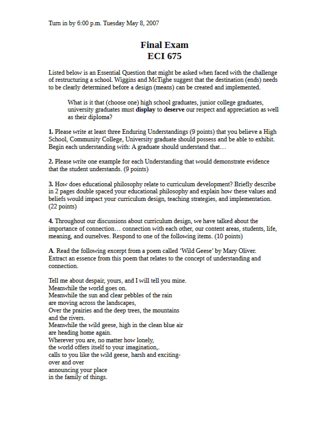 Final Examination for Curriculum Principles