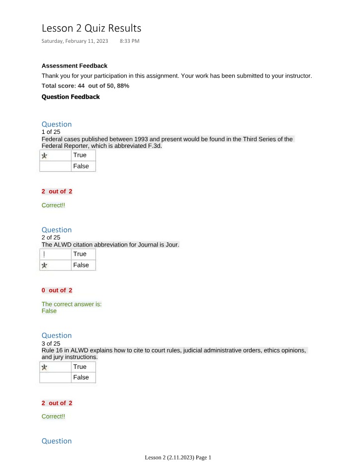 Lesson 2 Quiz Results and Assessment