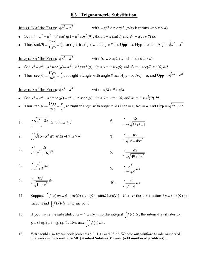 Worksheet for 8-3 Trigonometric Substitution