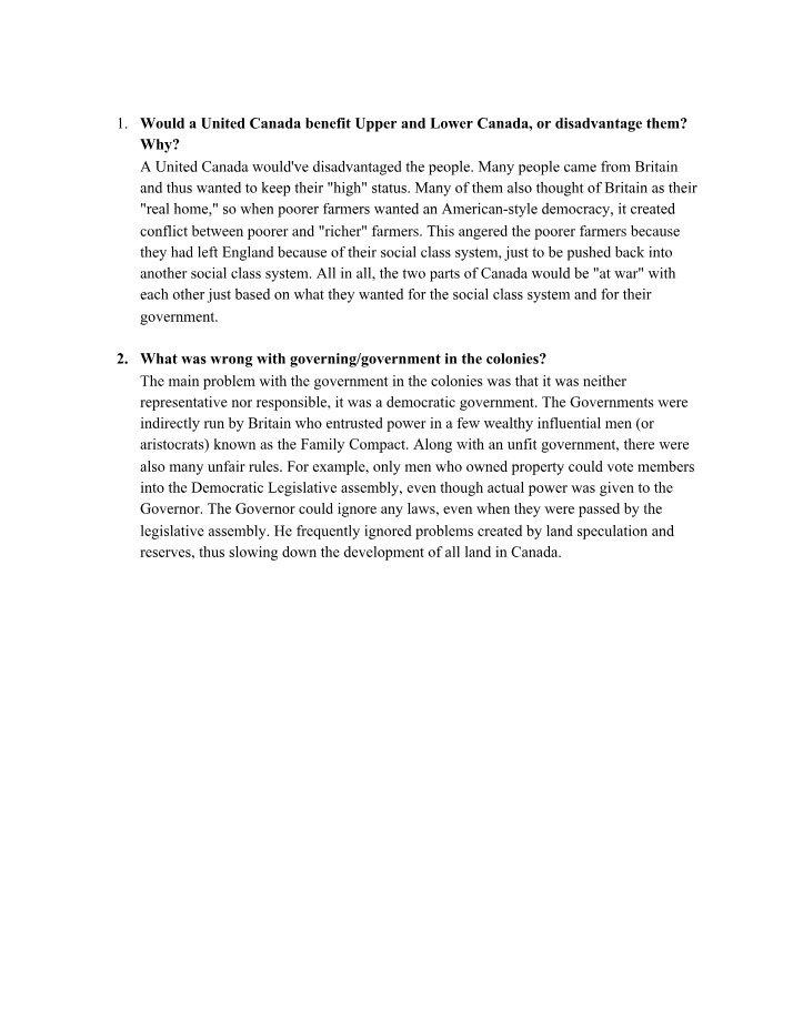 Colonial Canada - Class Conflict and Governance Exam