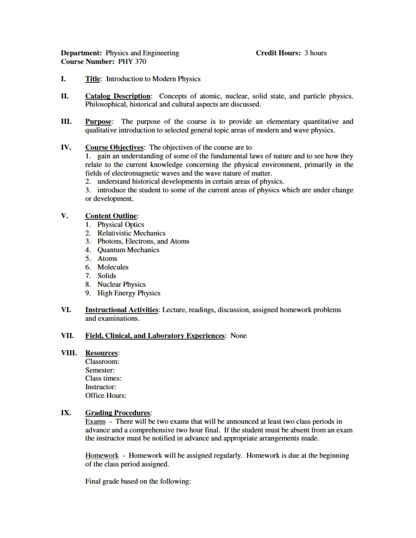 Syllabus - Introduction to Modern Physics