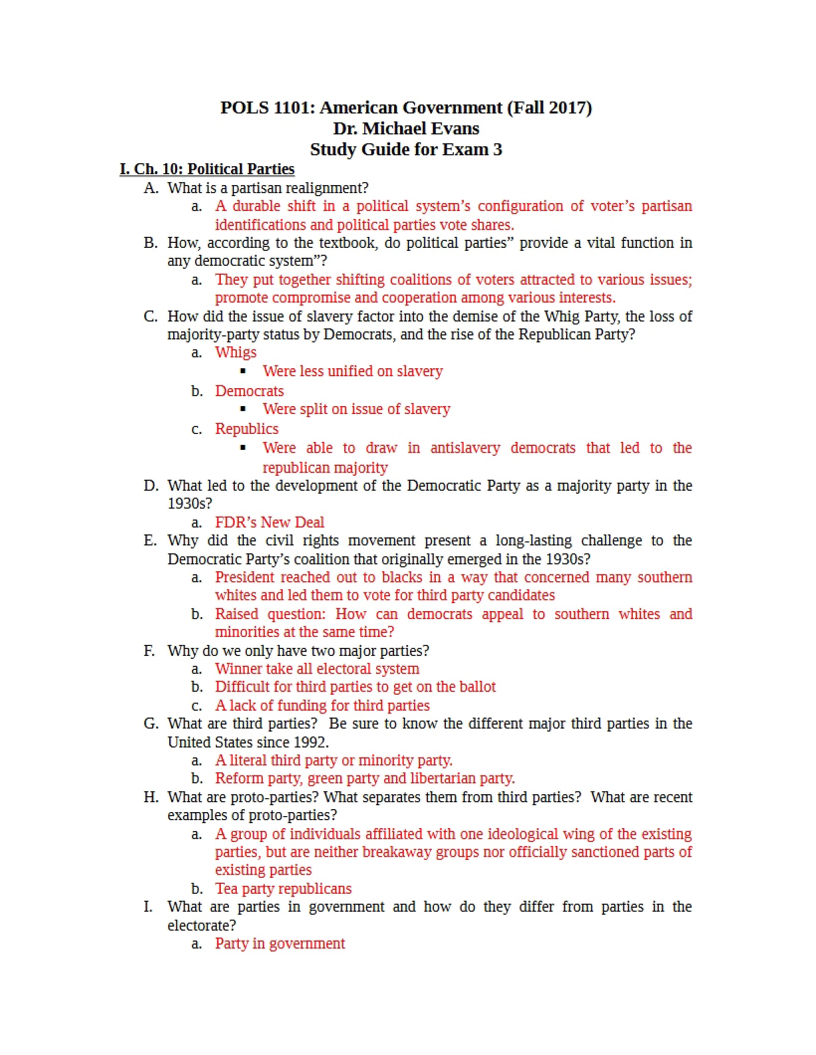 Exam 3 Study Guide - Evans Fall 2017