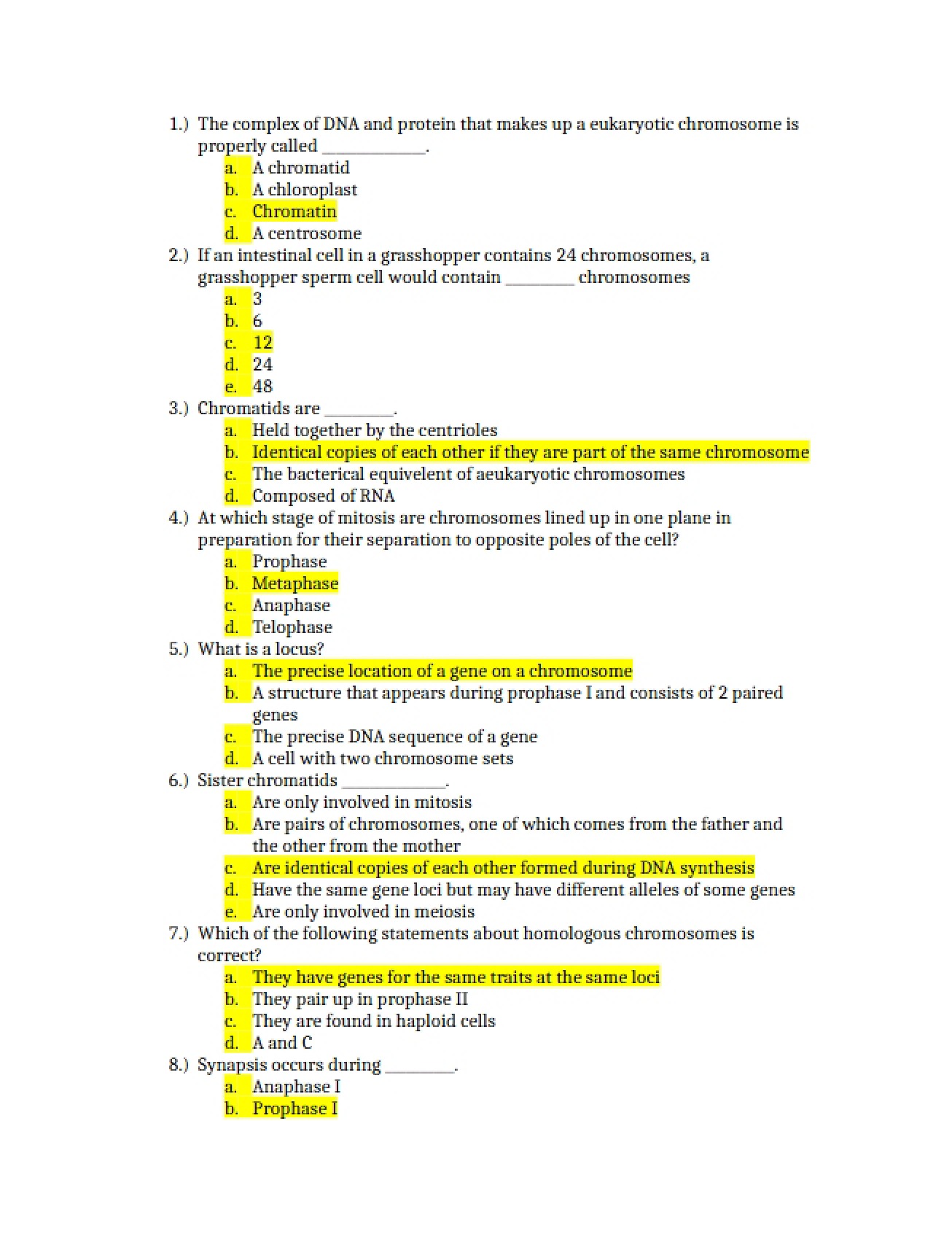 Answer Key for a Practice Test in Biology