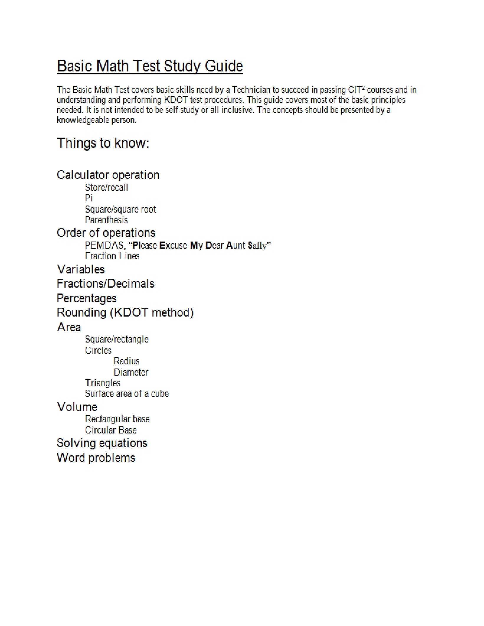 Study Guide for Basic Math Test