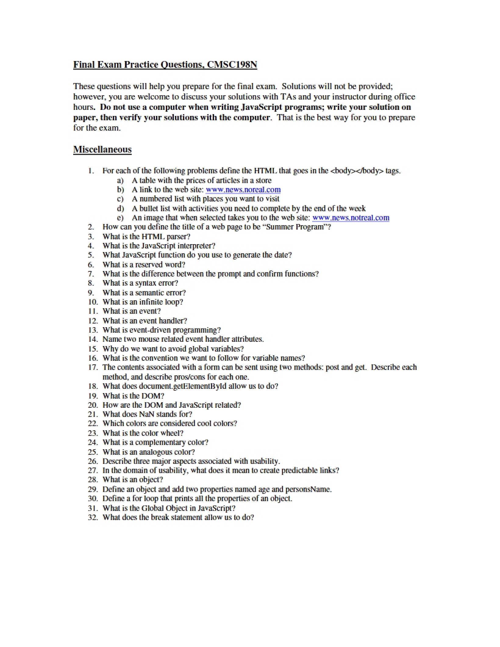 Practice Questions for Final Exam