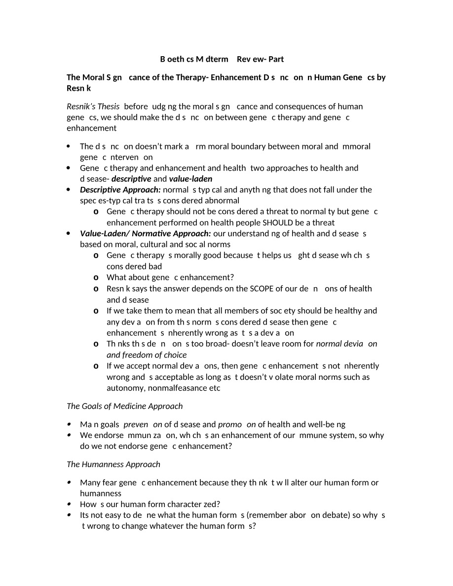 Part 3 - Bioethics Midterm 2 Review
