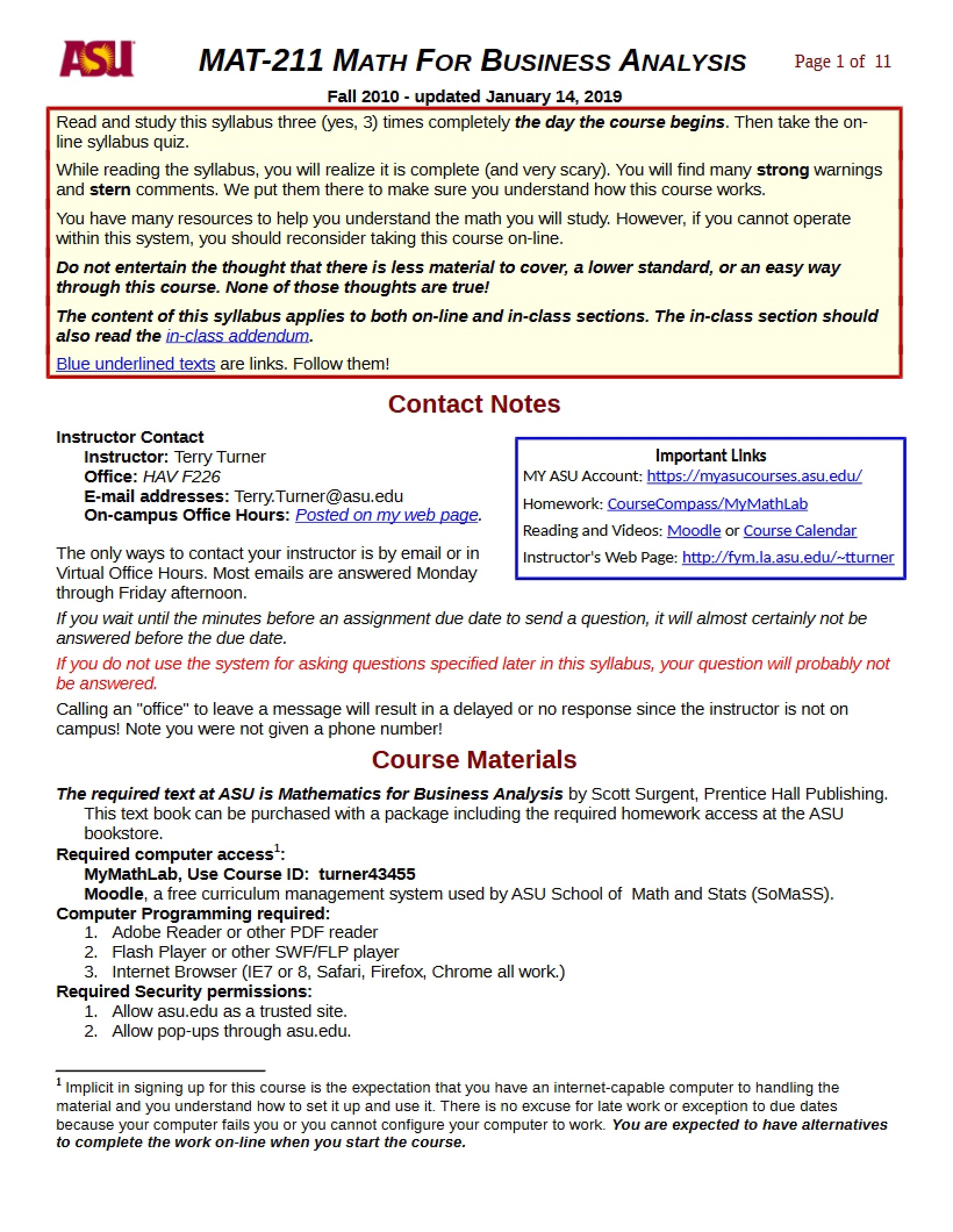Course Syllabus Business Analysis Math