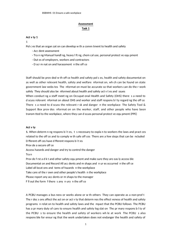BSBWHS501 Tasks 1 and 2