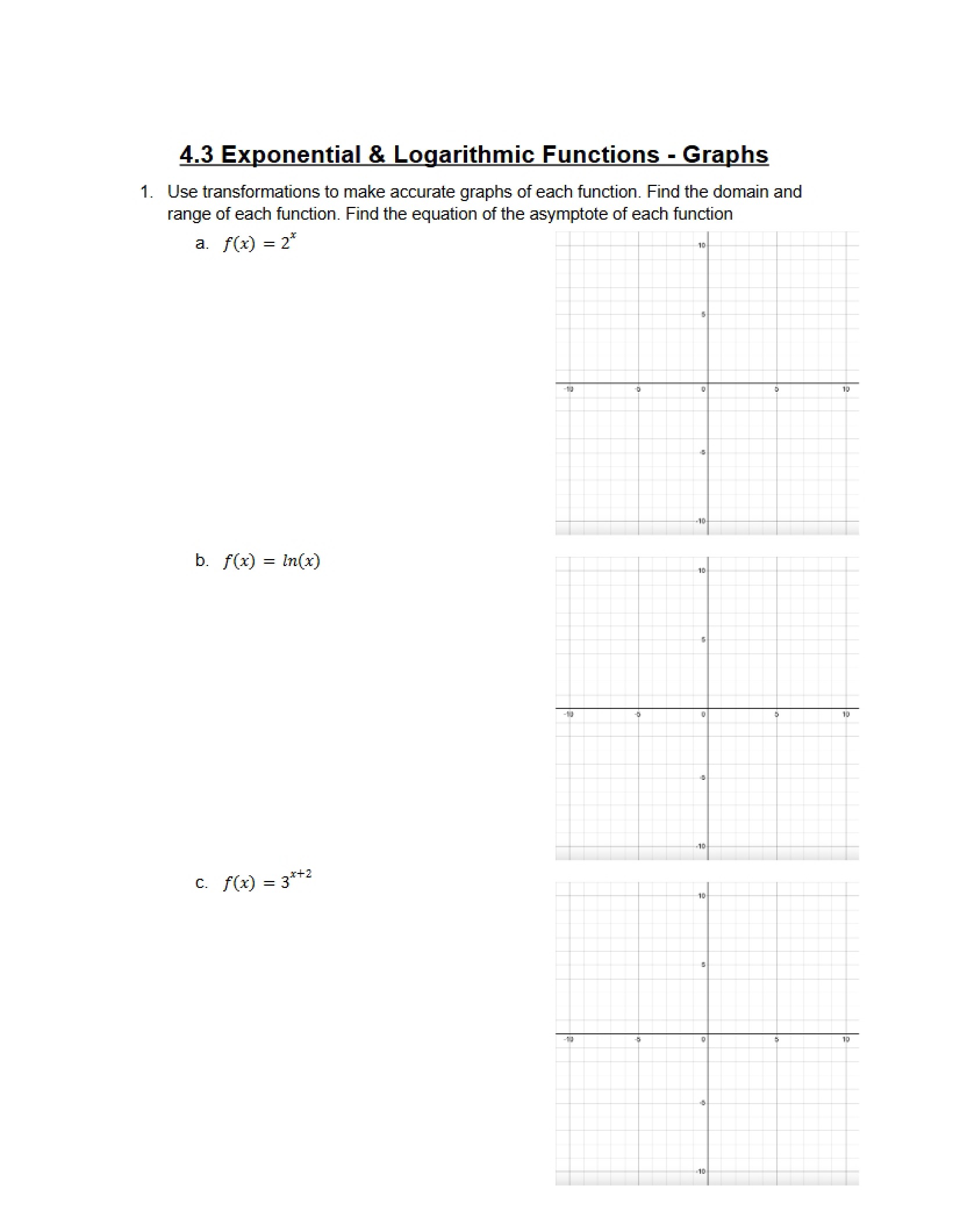 Graphs of Logarithmic and Exponential Functions