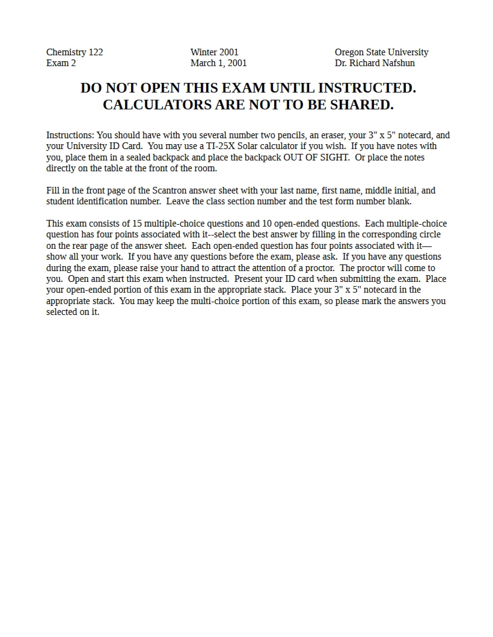 Chemistry 122 Second Exam