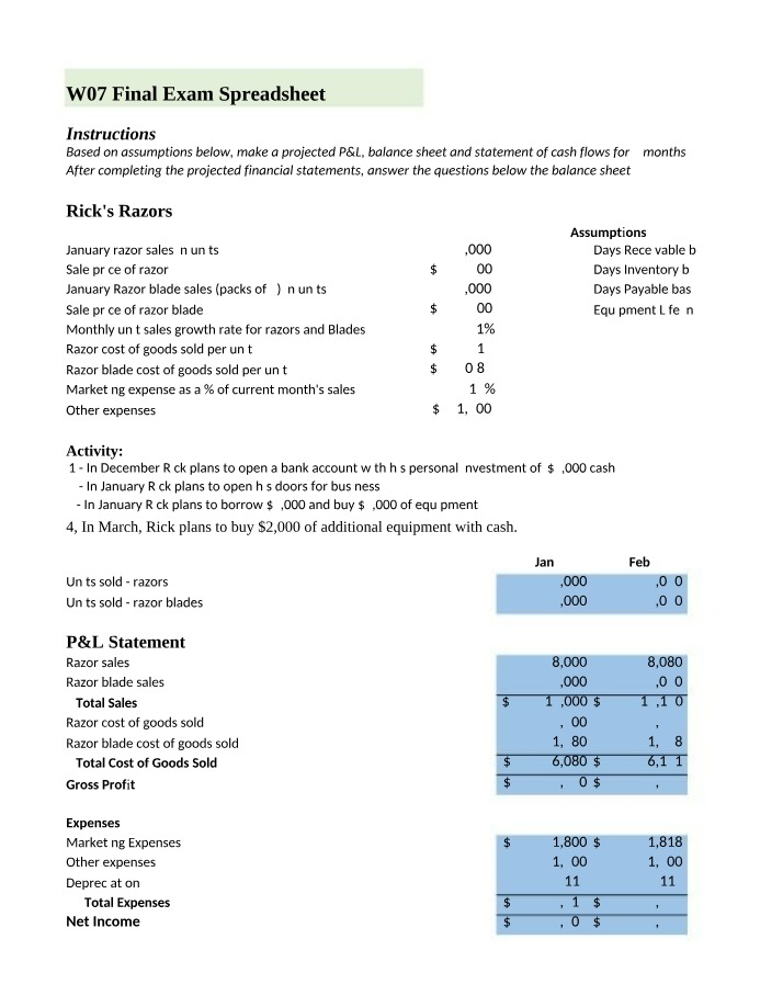 Spreadsheet for W07 Final Exam