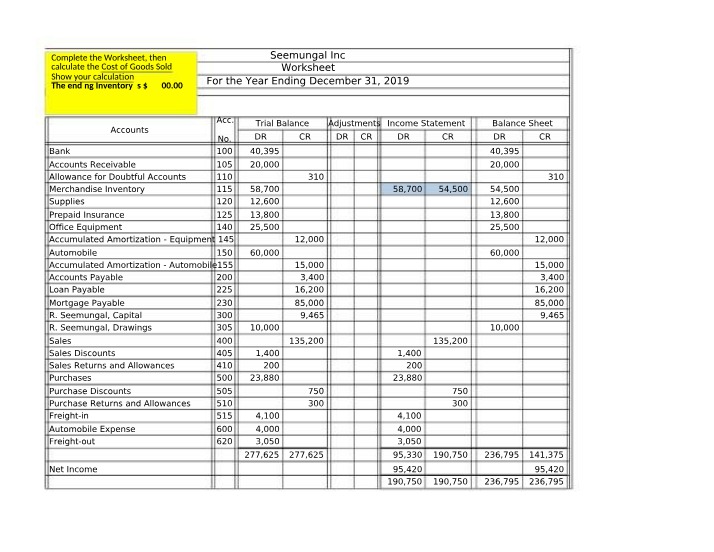 Cost of Goods Sold Worksheet - Seemungal Inc
