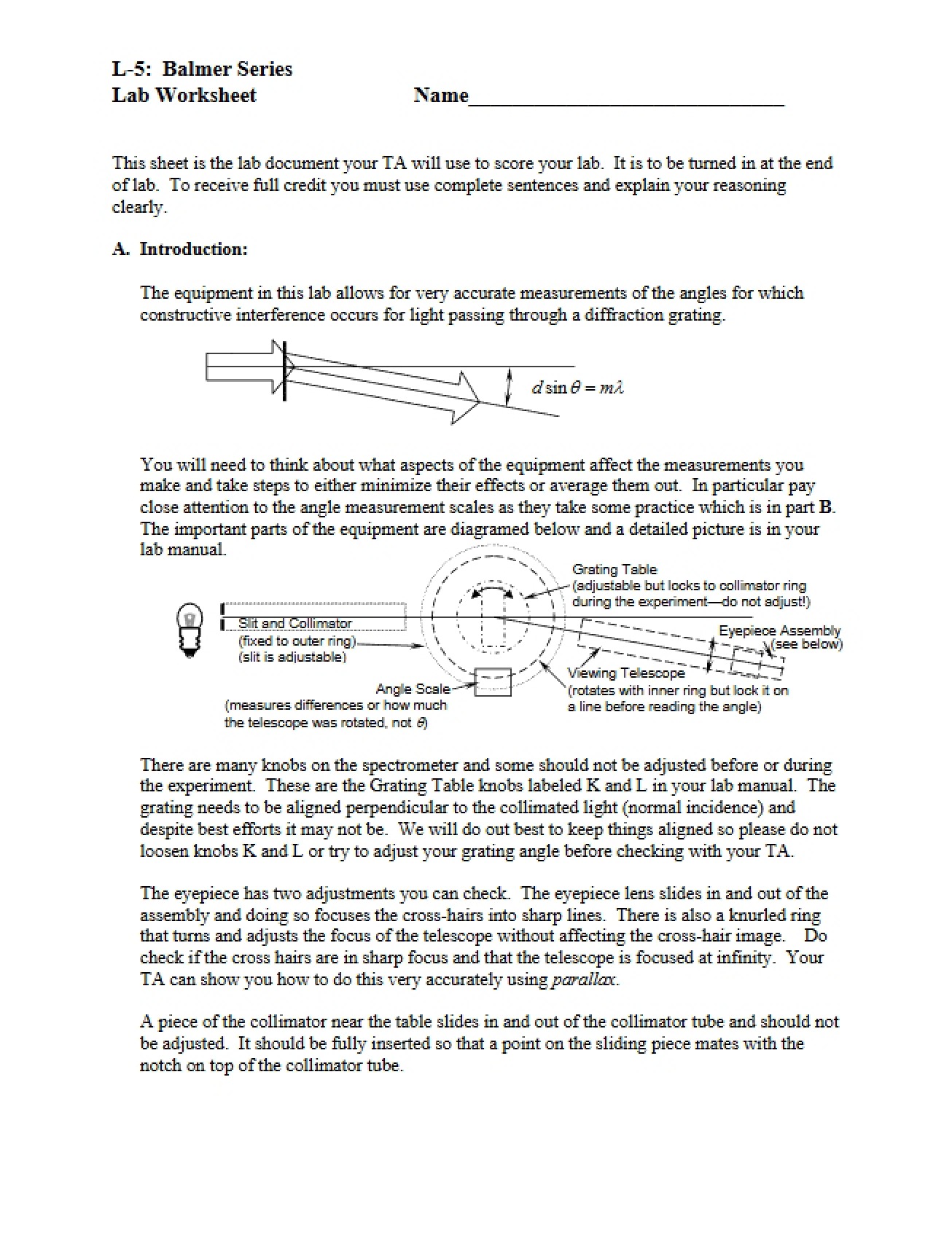 Worksheet for Balmer Series (Lab 5)