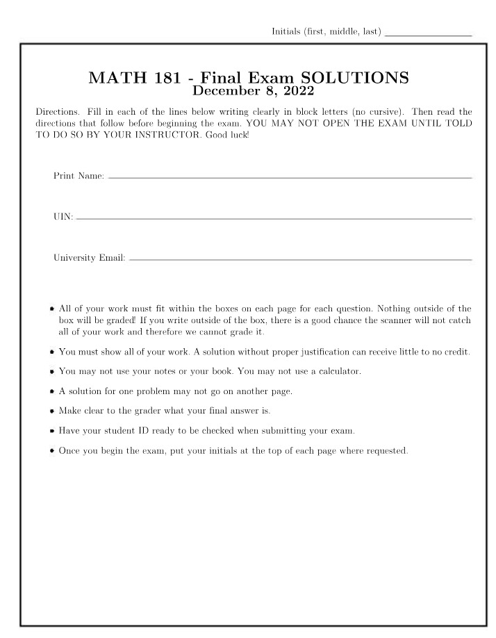 Final Exam Solutions for MATH 181