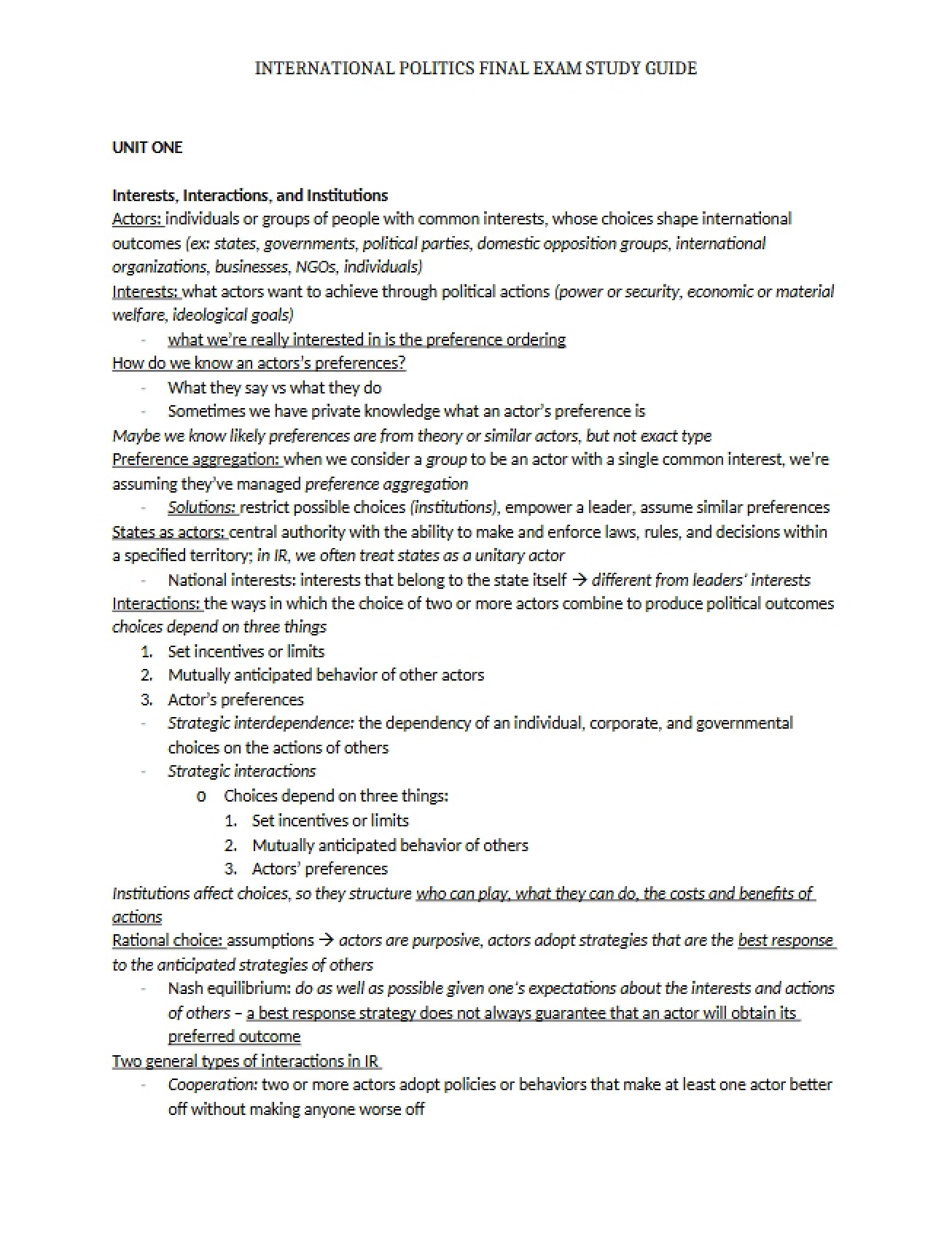 Study Guide for International Politics Final
