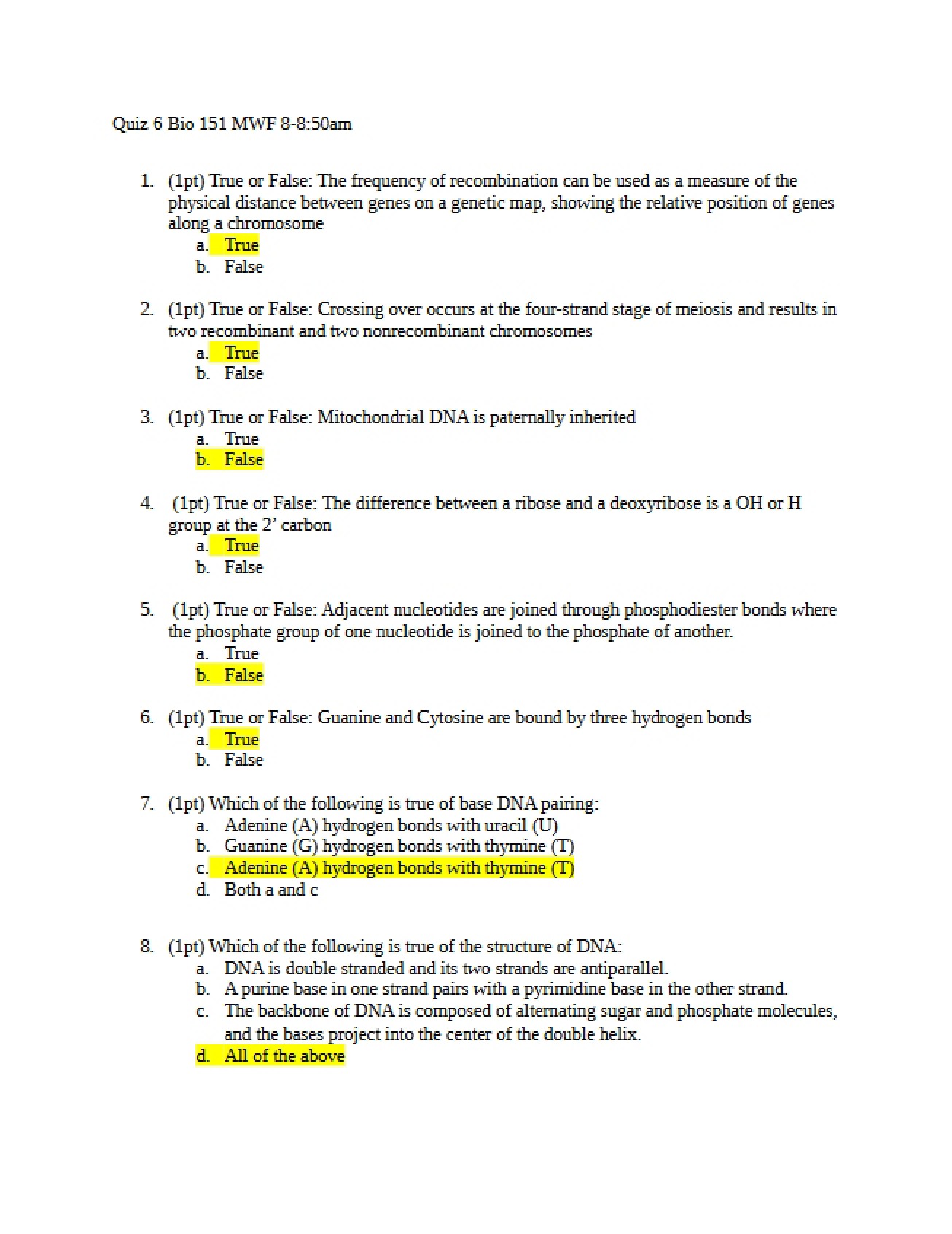 Biology Quiz Six Answer Sheet