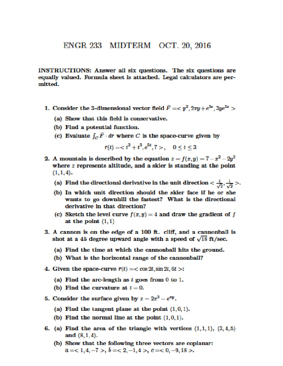 Midterm Exam for ENGR 233 - Oct 20 2016