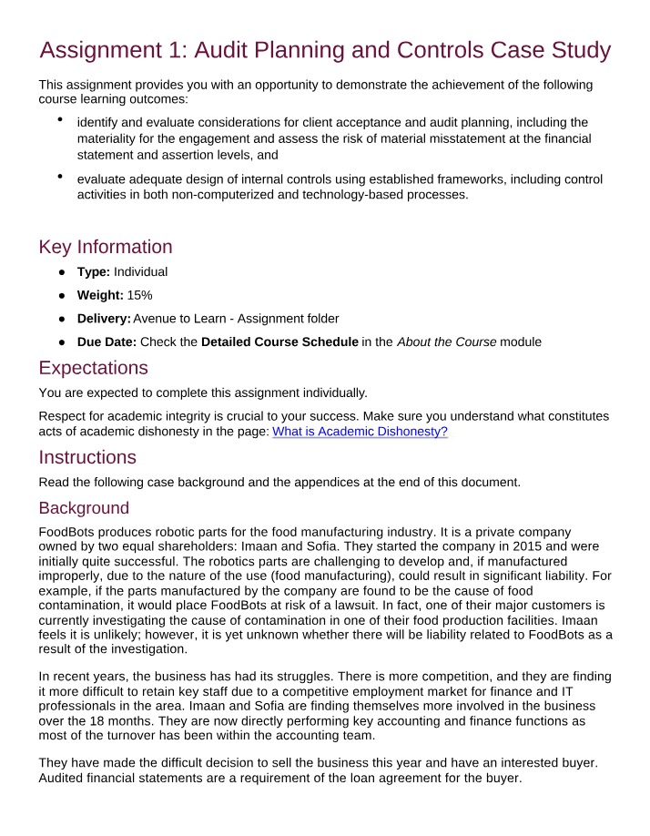 Audit Planning and Controls Case Study - Assignment 1