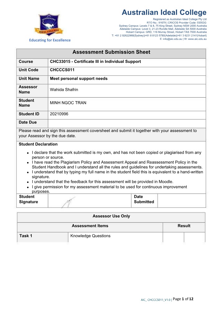 Assessment Tasks for CHCCCS011 Meet Personal Support Needs