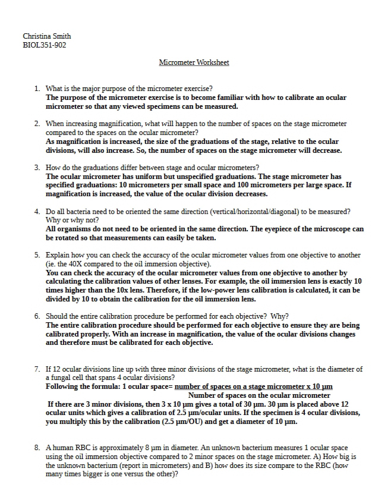 Worksheet on the Use of a Micrometer