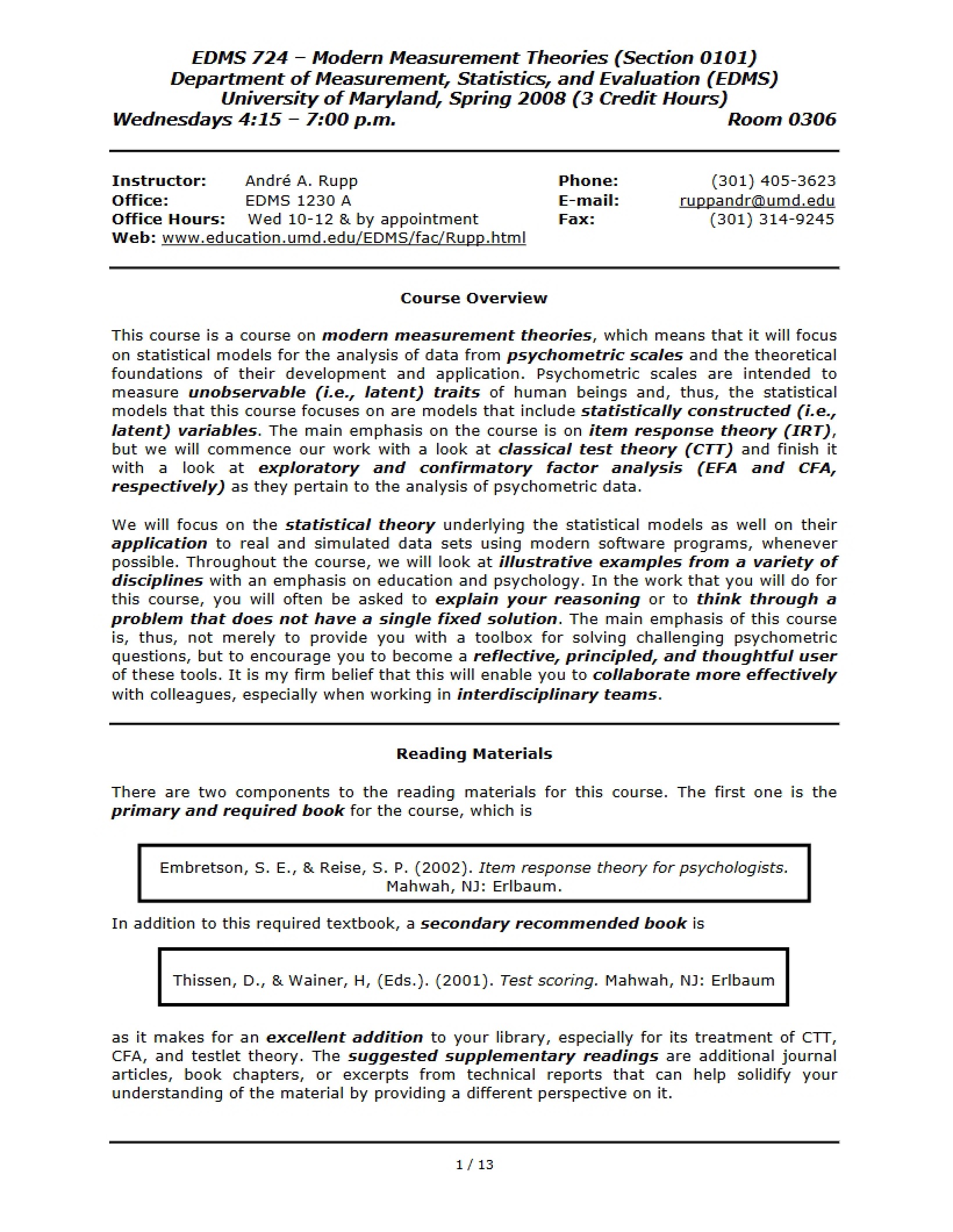 Modern Measurement Theory Syllabus