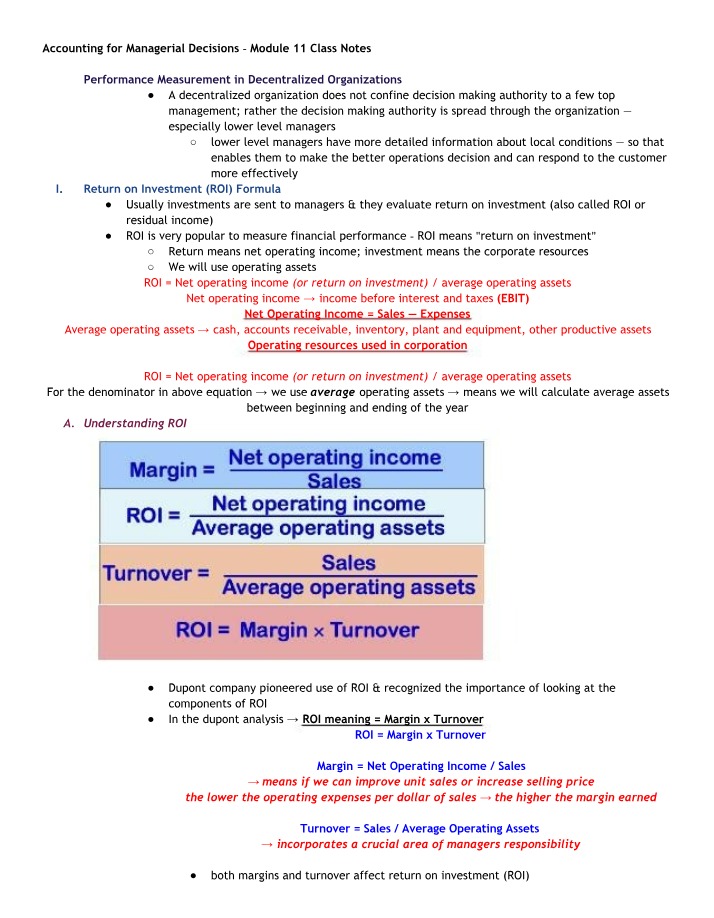 Module 11 Class Notes - Accounting for Managerial Decisions
