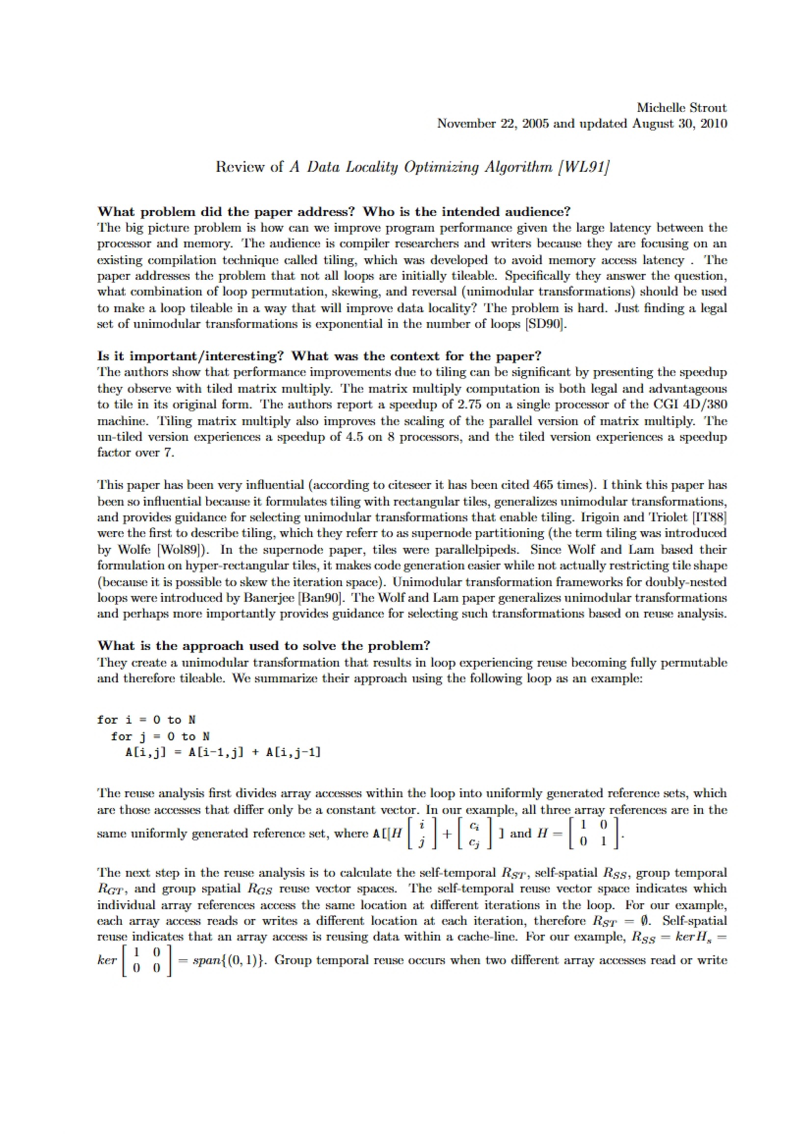 Data Locality Optimizing Algorithm Review
