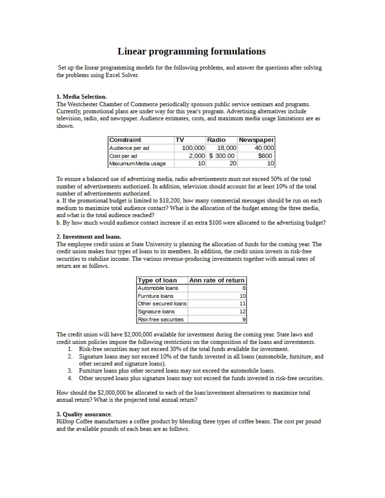 Formulations of Linear Programming