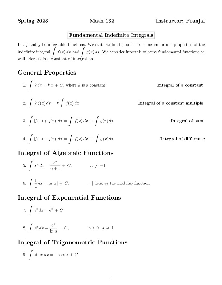 Properties of Indefinite Integrals
