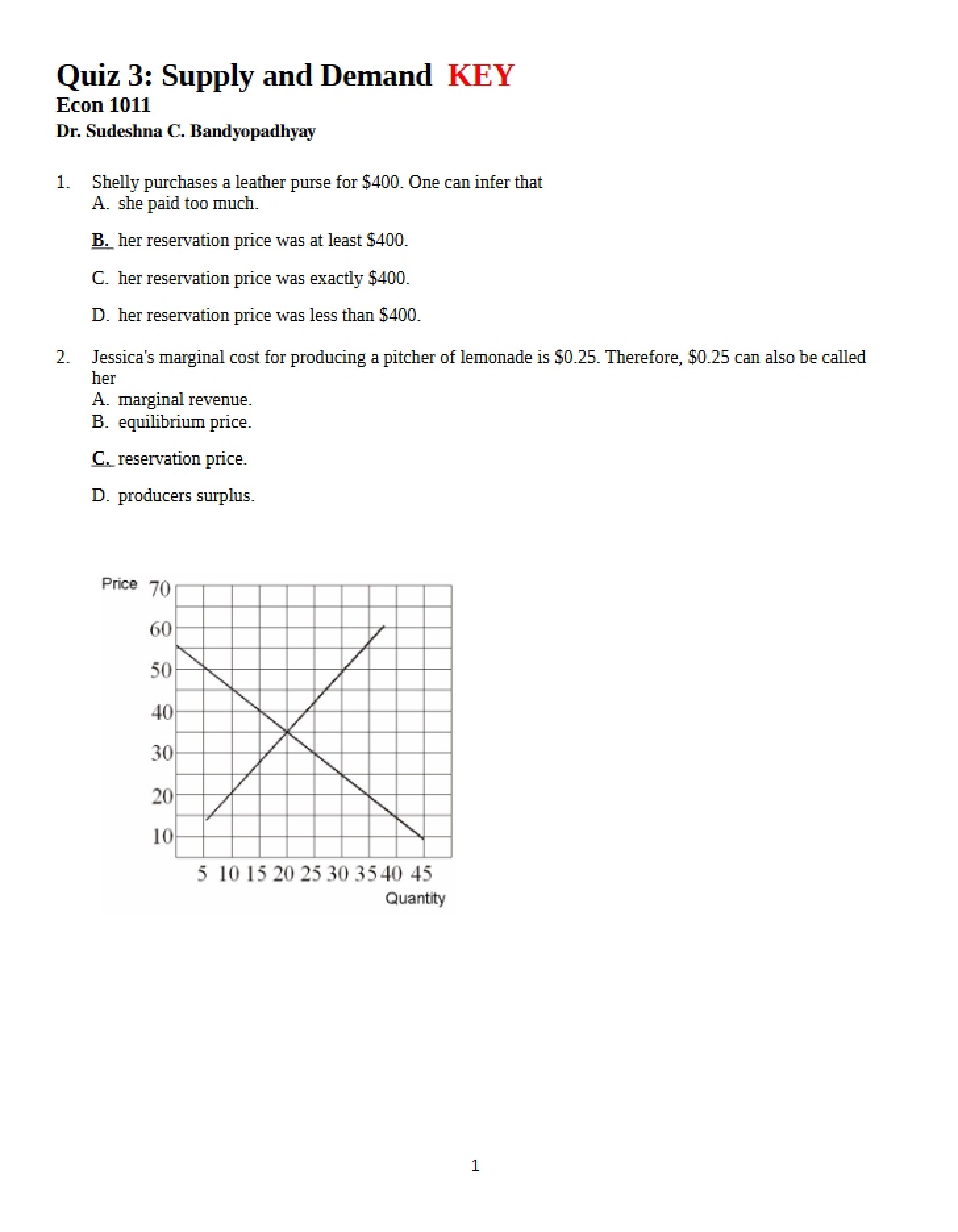 Key for Econ 1011 Quiz 3